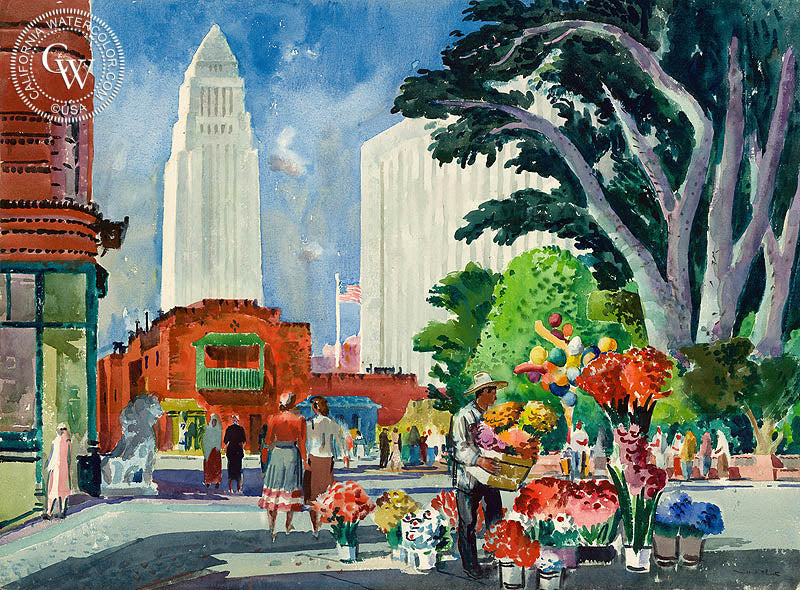 Olvera Street, 1951, watercolor painting by Millard Sheets  (American art). Fine art giclée print reproduction by California Watercolor for wall decor.