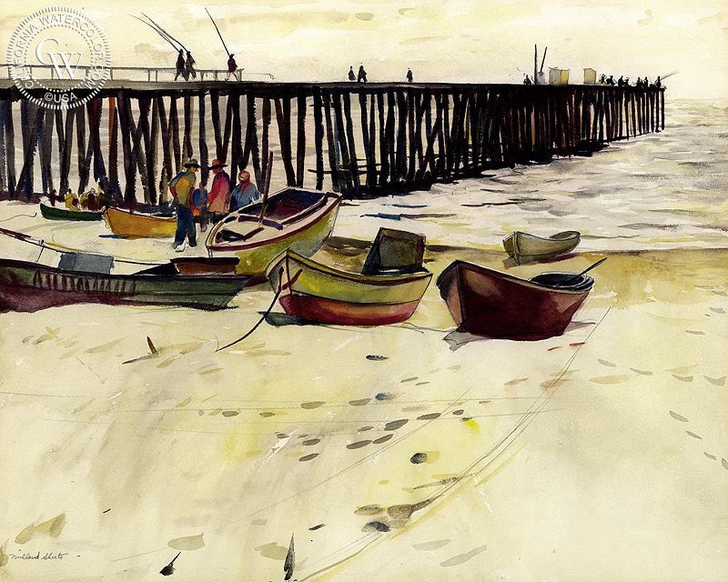 Path of Light, Newport Pier, 1927, watercolor painting by Millard Sheets  (American art). Fine art giclée print reproduction by California Watercolor for wall decor.