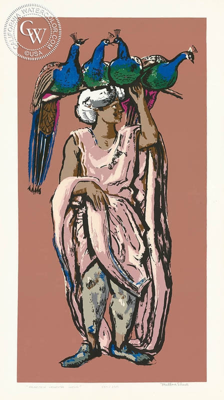 Millard Sheets - Peacock Vendor, India, c. 1940's - California art - fine art print for sale, giclee watercolor print - Californiawatercolor.com