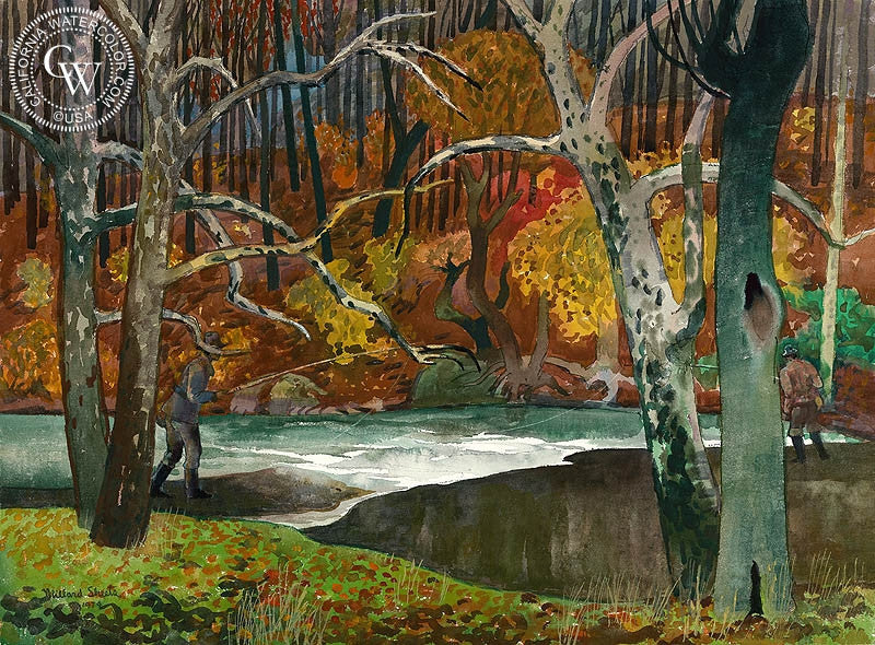 Pennsylvania Stream, 1979, watercolor painting by Millard Sheets  (American art). Fine art giclée print reproduction by California Watercolor for wall decor.