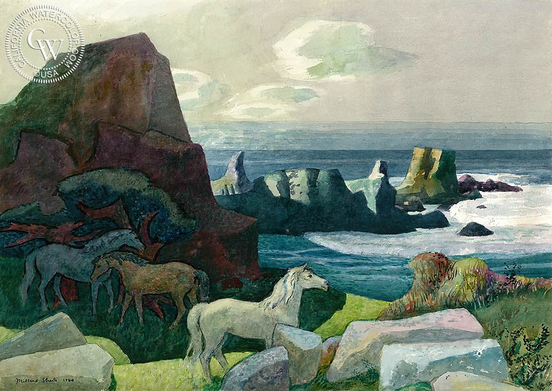 Rocks Near Stewart's Point, 1988, watercolor painting by Millard Sheets  (American art). Fine art giclée print reproduction by California Watercolor for wall decor.