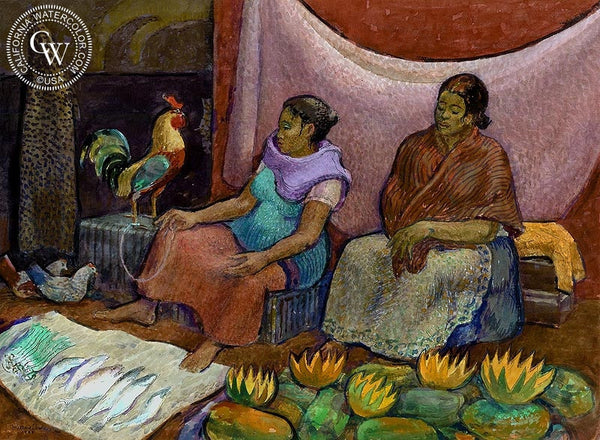 Rooster on a Leash, 1983, California art by Millard Sheets. HD giclee art prints for sale at CaliforniaWatercolor.com - original California paintings, & premium giclee prints for sale