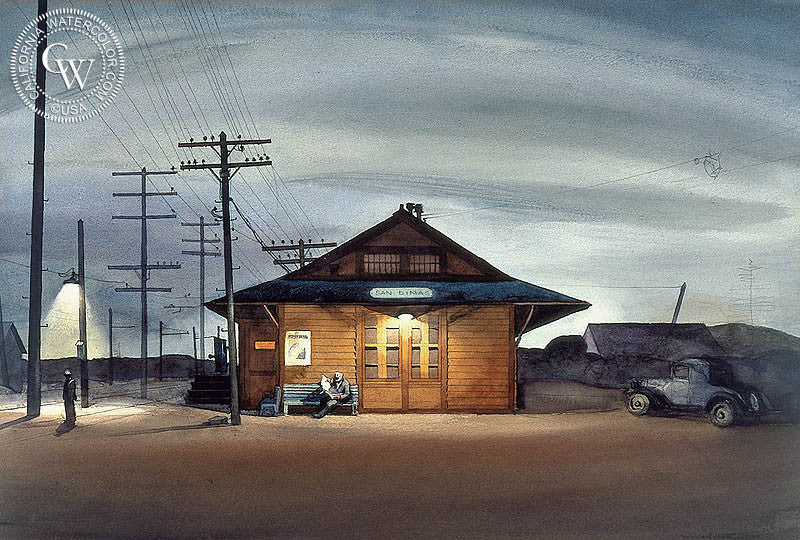 San Dimas Train Station, 1933, watercolor painting by Millard Sheets  (American art). Fine art giclée print reproduction by California Watercolor for wall decor.