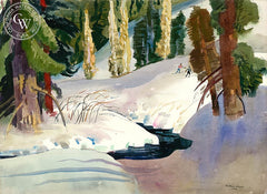 Skiers Near Mammoth, 1983, California art by Millard Sheets. HD giclee art prints for sale at CaliforniaWatercolor.com - original California paintings, & premium giclee prints for sale