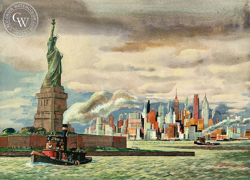 Statue of Liberty, New York Harbor, 1958, watercolor painting by Millard Sheets  (American art). Fine art giclée print reproduction by California Watercolor for wall decor.