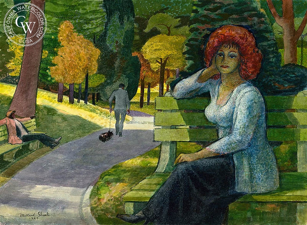 Strangers in the Park, New York Central Park, 1983, California art by Millard Sheets. HD giclee art prints for sale at CaliforniaWatercolor.com - original California paintings, & premium giclee prints for sale