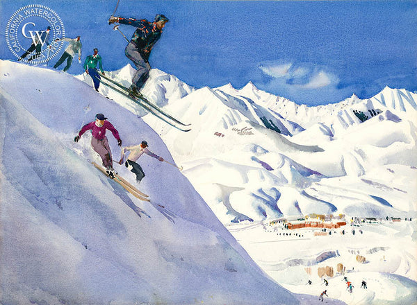 Sun Valley Skiiers, c. 1950s, California art by Millard Sheets. HD giclee art prints for sale at CaliforniaWatercolor.com - original California paintings, & premium giclee prints for sale