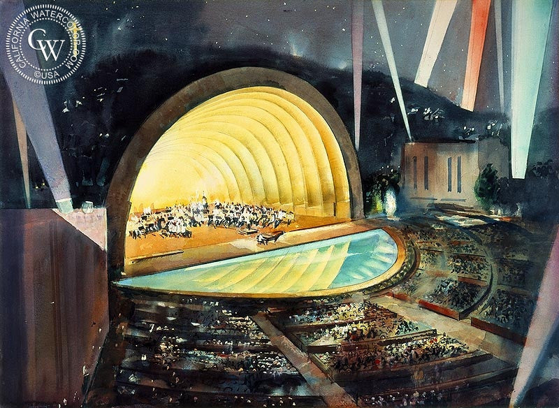 Symphony Under the Stars, 1956, watercolor painting by Millard Sheets  (American art). Fine art giclée print reproduction by California Watercolor for wall decor.