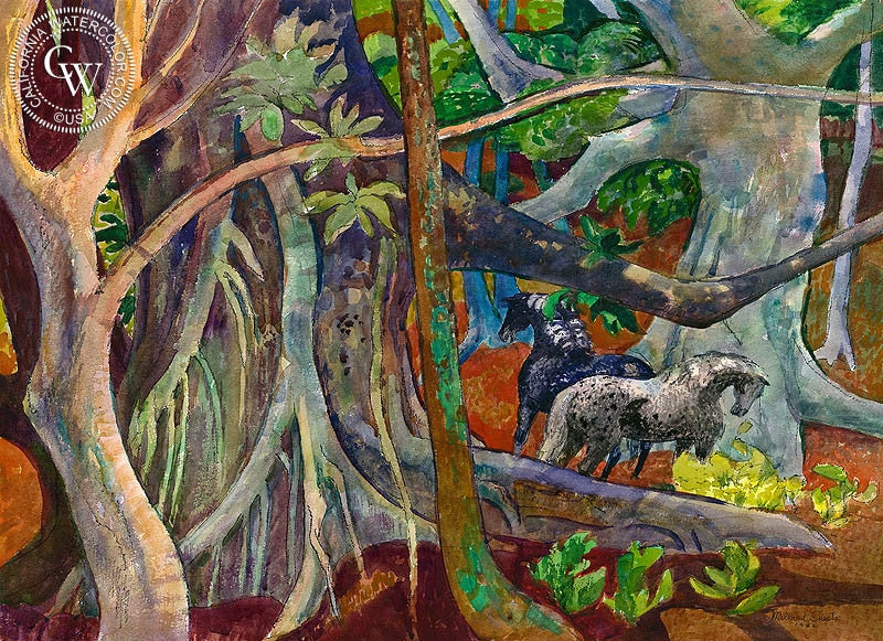 The Old Banyan Tree with Horses, Hawaii, 1982, watercolor painting by Millard Sheets  (American art). Fine art giclée print reproduction by California Watercolor for wall decor.