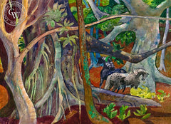 The Old Banyan Tree with Horses, Hawaii, 1982, California art by Millard Sheets. HD giclee art prints for sale at CaliforniaWatercolor.com - original California paintings, & premium giclee prints for sale