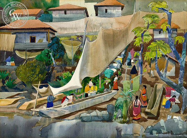 The Return, Patzcuaro, 1953, California art by Millard Sheets. HD giclee art prints for sale at CaliforniaWatercolor.com - original California paintings, & premium giclee prints for sale