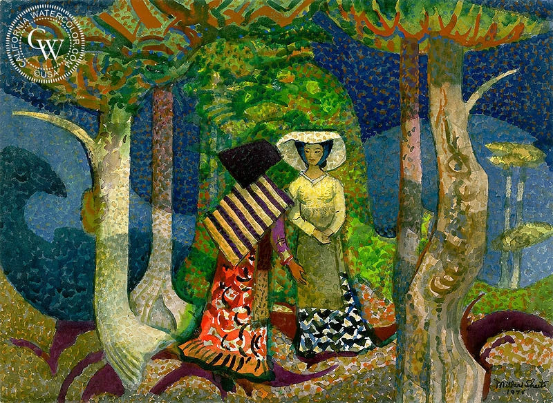 Two Ladies in the Park, 1975, watercolor painting by Millard Sheets  (American art). Fine art giclée print reproduction by California Watercolor for wall decor.