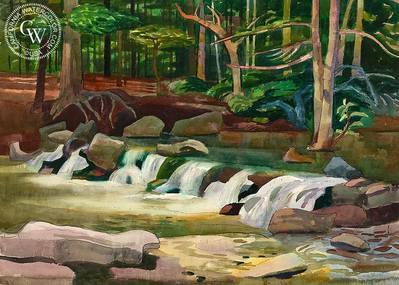Waterfall, c. 1960s, watercolor painting by Millard Sheets  (American art). Fine art giclée print reproduction by California Watercolor for wall decor.