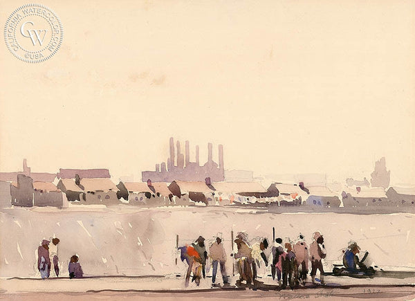 Workers Along the L.A. River, 1927, California art by Millard Sheets. HD giclee art prints for sale at CaliforniaWatercolor.com - original California paintings, & premium giclee prints for sale