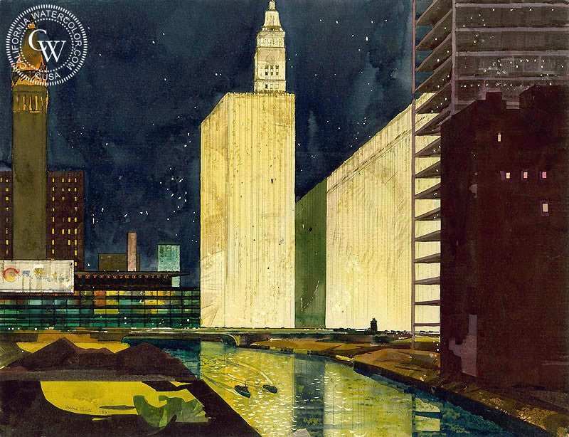 Starlight Night, Chicago, 1951, watercolor painting by Millard Sheets  (American art). Fine art giclée print reproduction by California Watercolor for wall decor.