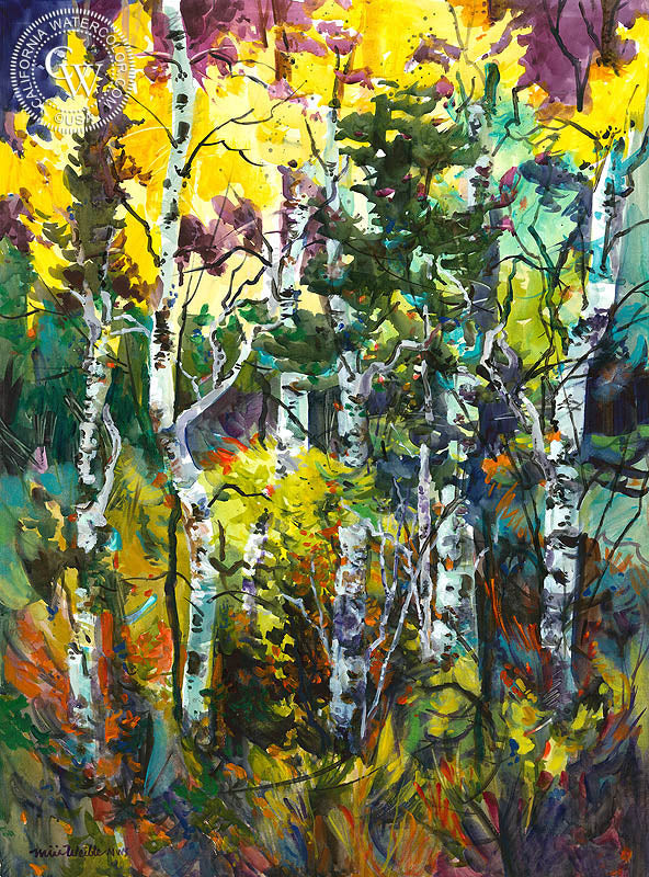 Last Light, Taylor Creek, UT, watercolor painting by Miri Weible  (American art). Fine art giclée print reproduction by California Watercolor for wall decor.