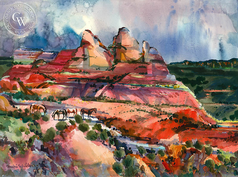 Sedona Hills Remuda, watercolor painting by Miri Weible  (American art). Fine art giclée print reproduction by California Watercolor for wall decor.