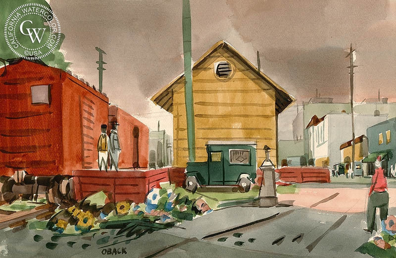 Southern Pacific Roundhouse, Oakland, c. 1951, watercolor painting by N. Eric Oback  (American art). Fine art giclée print reproduction by California Watercolor for wall decor.