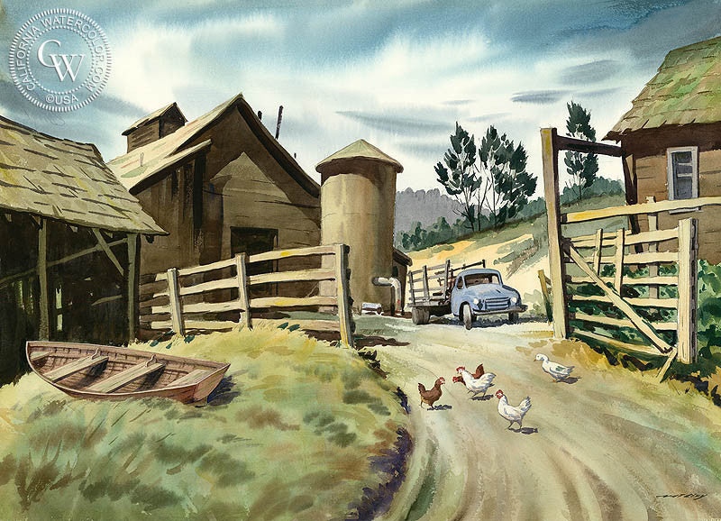 Ten Mile Ranch, watercolor painting by Nat Levy  (American art). Fine art giclée print reproduction by California Watercolor for wall decor.