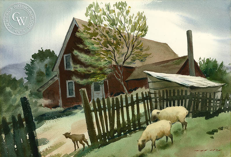 The Curious Lamb, watercolor painting by Nat Levy  (American art). Fine art giclée print reproduction by California Watercolor for wall decor.