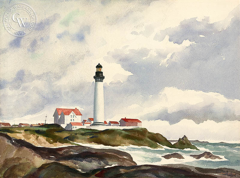 Pigeon Point Lighthouse, watercolor painting by Nat Levy  (American art). Fine art giclée print reproduction by California Watercolor for wall decor.
