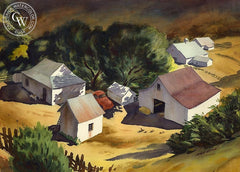 White Barns, c. 1935, California art by Nat Levy. HD giclee art prints for sale at CaliforniaWatercolor.com - original California paintings, & premium giclee prints for sale