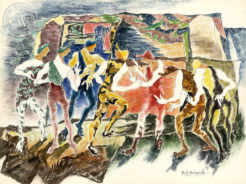 Gentlemen of Verona, 1947, watercolor painting by Nicholas Brigante  (American art). Fine art giclée print reproduction by California Watercolor for wall decor.