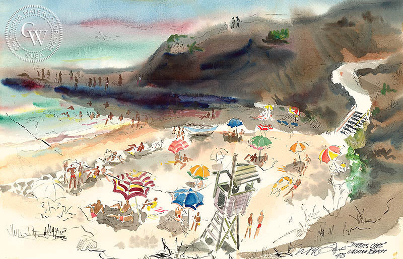 Divers Cove, Laguna Beach, 1943, watercolor painting by Noel Quinn  (American art). Fine art giclée print reproduction by California Watercolor for wall decor.