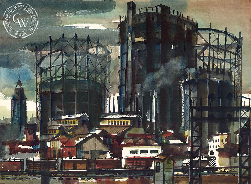 The Gas House, Los Angeles, 1954, watercolor painting by Noel Quinn  (American art). Fine art giclée print reproduction by California Watercolor for wall decor.