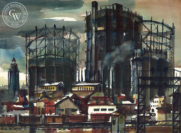 The Gas House, Los Angeles, 1954, California watercolor art by Noel Quinn. HD giclee art prints for sale at CaliforniaWatercolor.com - original California paintings, & premium giclee prints for sale