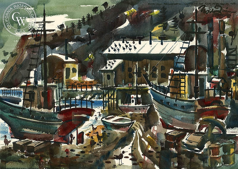 California Harbor Scene, 1954, watercolor painting by Noel Quinn  (American art). Fine art giclée print reproduction by California Watercolor for wall decor.