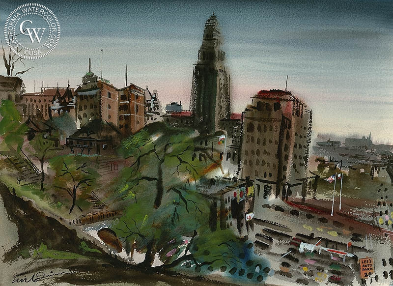 City Hall, Los Angeles, 1943, watercolor painting by Noel Quinn  (American art). Fine art giclée print reproduction by California Watercolor for wall decor.