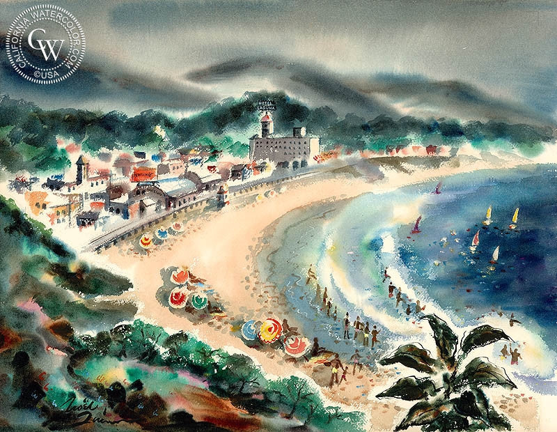 Main Beach Laguna, 1940, watercolor painting by Noel Quinn  (American art). Fine art giclée print reproduction by California Watercolor for wall decor.