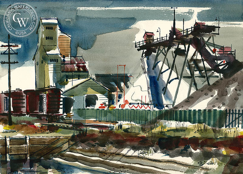 Salt Mine, San Diego, 1954, watercolor painting by Noel Quinn  (American art). Fine art giclée print reproduction by California Watercolor for wall decor.