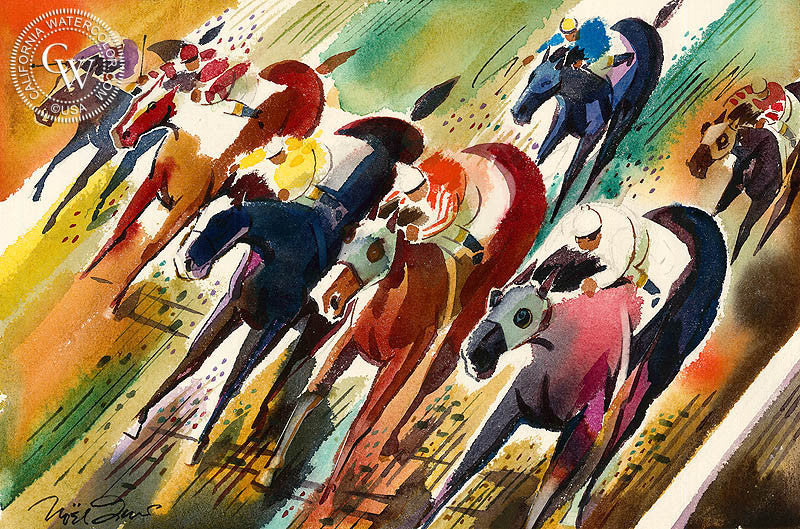 Untitled Horse Race, watercolor painting by Noel Quinn  (American art). Fine art giclée print reproduction by California Watercolor for wall decor.
