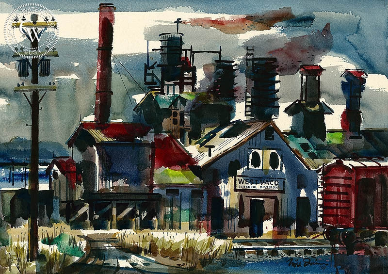 West Vaco Chemical Division, 1954, watercolor painting by Noel Quinn  (American art). Fine art giclée print reproduction by California Watercolor for wall decor.