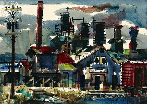 West Vaco Chemical Division, 1954, California art by Noel Quinn. HD giclee art prints for sale at CaliforniaWatercolor.com - original California paintings, & premium giclee prints for sale