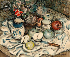 Apples and Milk Pitcher Still Life, c. 1945, California art by Norman Stiles Chamberlain. HD giclee art prints for sale at CaliforniaWatercolor.com - original California paintings, & premium giclee prints for sale