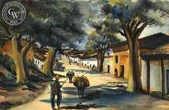 Street in Patzcuro, Mexico, 1939, California art by Othello Michetti. HD giclee art prints for sale at CaliforniaWatercolor.com - original California paintings, & premium giclee prints for sale