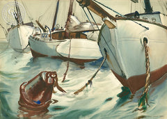 Moored Sailboats, 1936, California art by Paul Julian. HD giclee art prints for sale at CaliforniaWatercolor.com - original California paintings, & premium giclee prints for sale