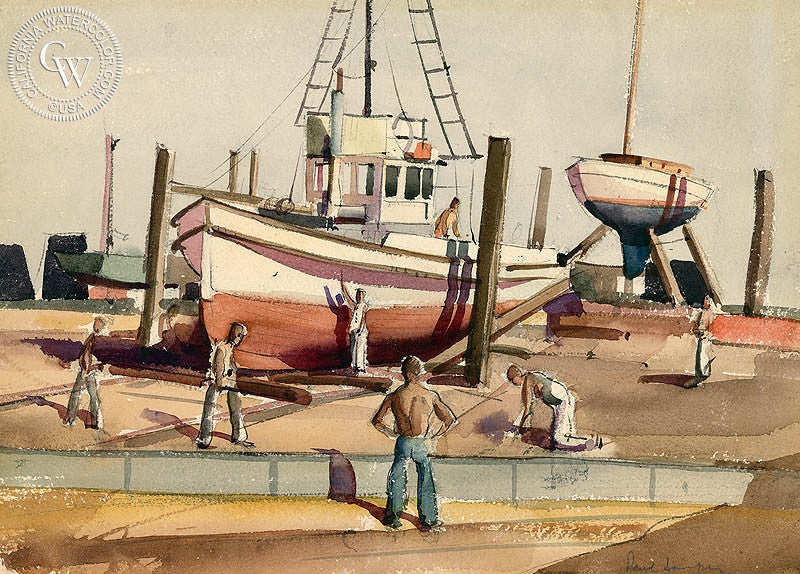 Drydock, watercolor painting by Paul Sample  (American art). Fine art giclée print reproduction by California Watercolor for wall decor.
