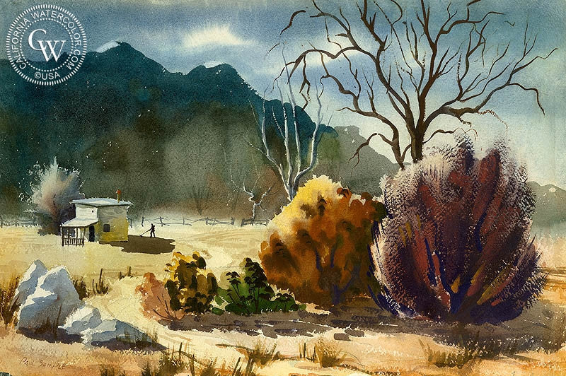 Raking Up, watercolor painting by Paul Sample  (American art). Fine art giclée print reproduction by California Watercolor for wall decor.