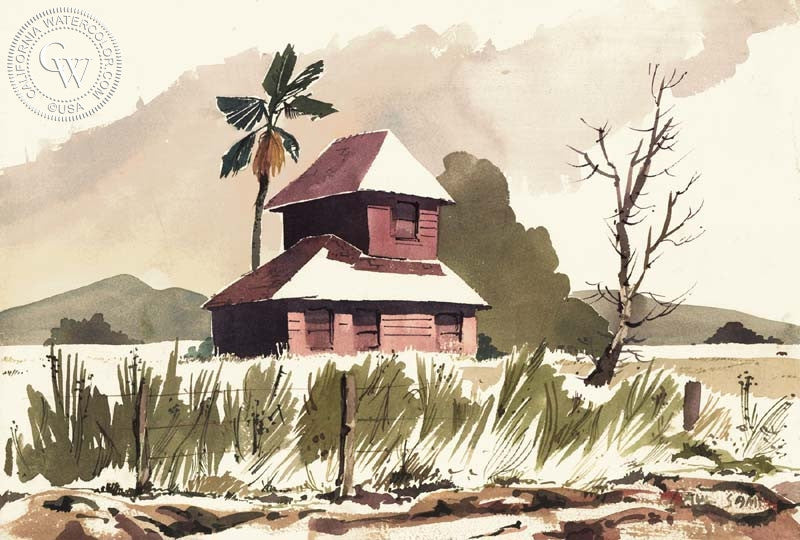 The Red Barn, watercolor painting by Paul Sample  (American art). Fine art giclée print reproduction by California Watercolor for wall decor.