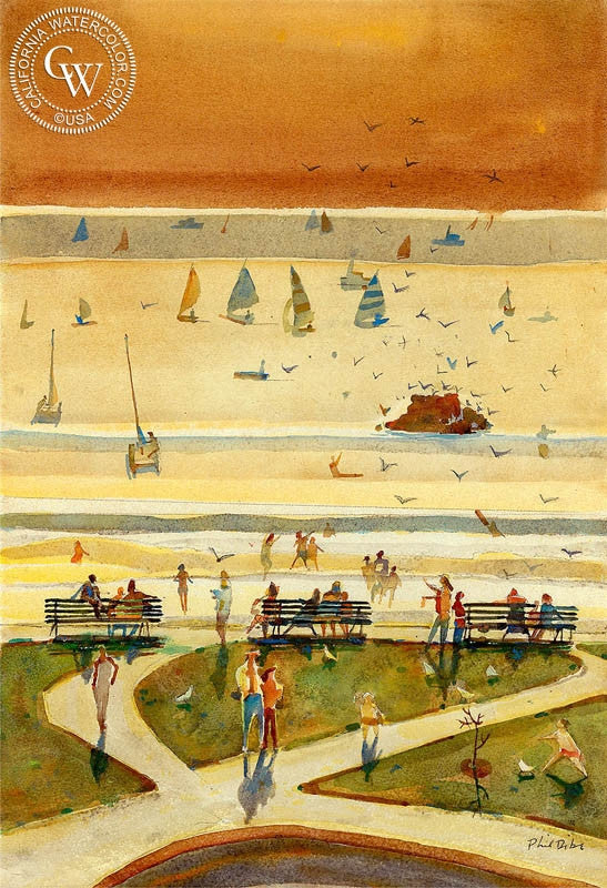 Bird Rock, Laguna Beach, c. 1960, watercolor painting by Phil Dike  (American art). Fine art giclée print reproduction by California Watercolor for wall decor.