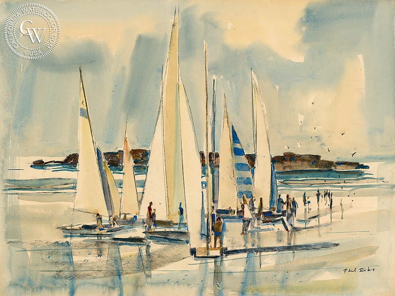Boats at Aliso, watercolor painting by Phil Dike  (American art). Fine art giclée print reproduction by California Watercolor for wall decor.