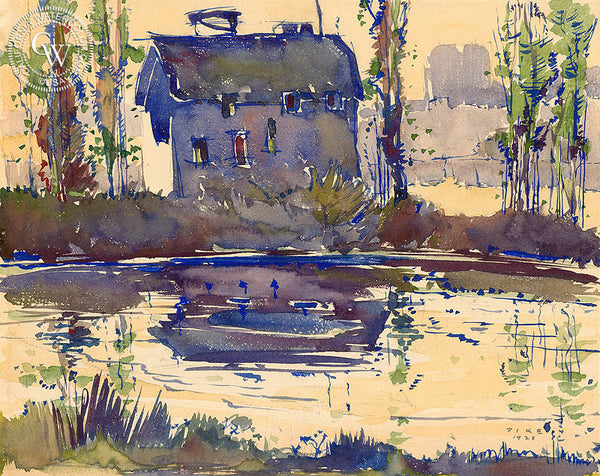 Old Mill, Olive, 1928, California art by Phil Dike. HD giclee art prints for sale at CaliforniaWatercolor.com - original California paintings, & premium giclee prints for sale