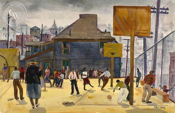 Playground, Temple Street School, Los Angeles, 1932, California watercolor art by Phil Dike. HD giclee art prints for sale at CaliforniaWatercolor.com - original California paintings, & premium giclee prints for sale
