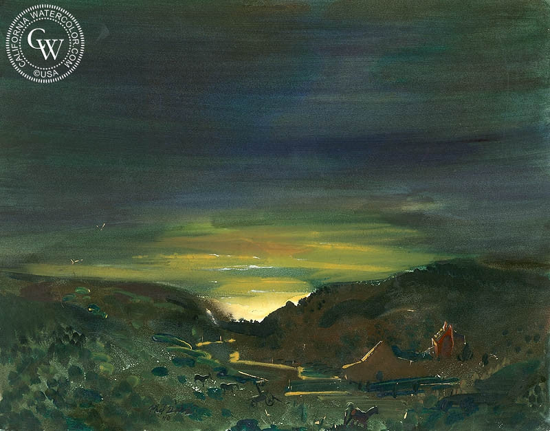 Sunset in the Valley, 1940, watercolor painting by Phil Dike  (American art). Fine art giclée print reproduction by California Watercolor for wall decor.