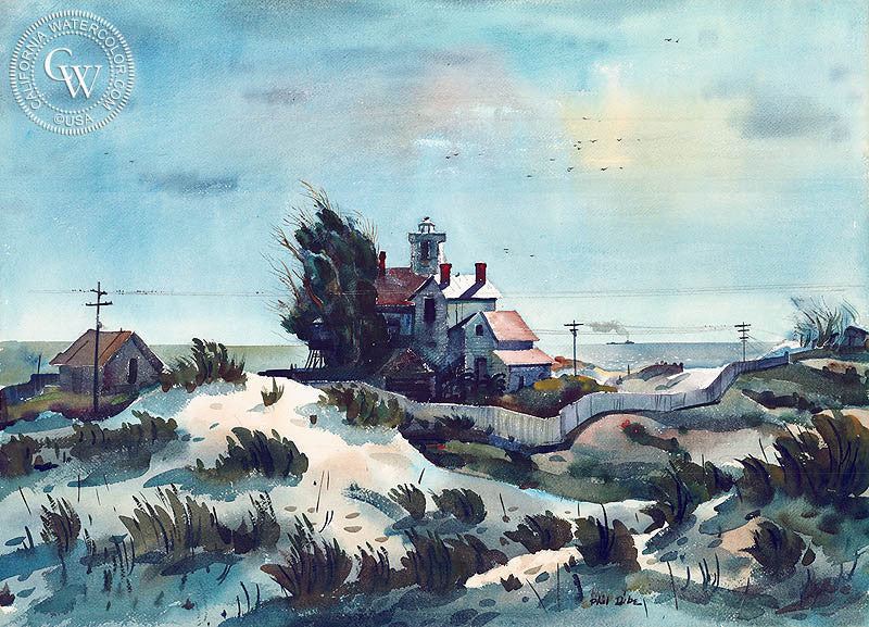 Windswept, Point Hueneme, c. 1935, watercolor painting by Phil Dike  (American art). Fine art giclée print reproduction by California Watercolor for wall decor.