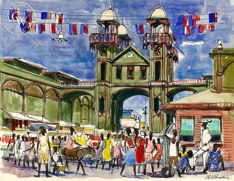 Haiti, Downtown, 1954, watercolor painting by Phil Paradise  (American art). Fine art giclée print reproduction by California Watercolor for wall decor.